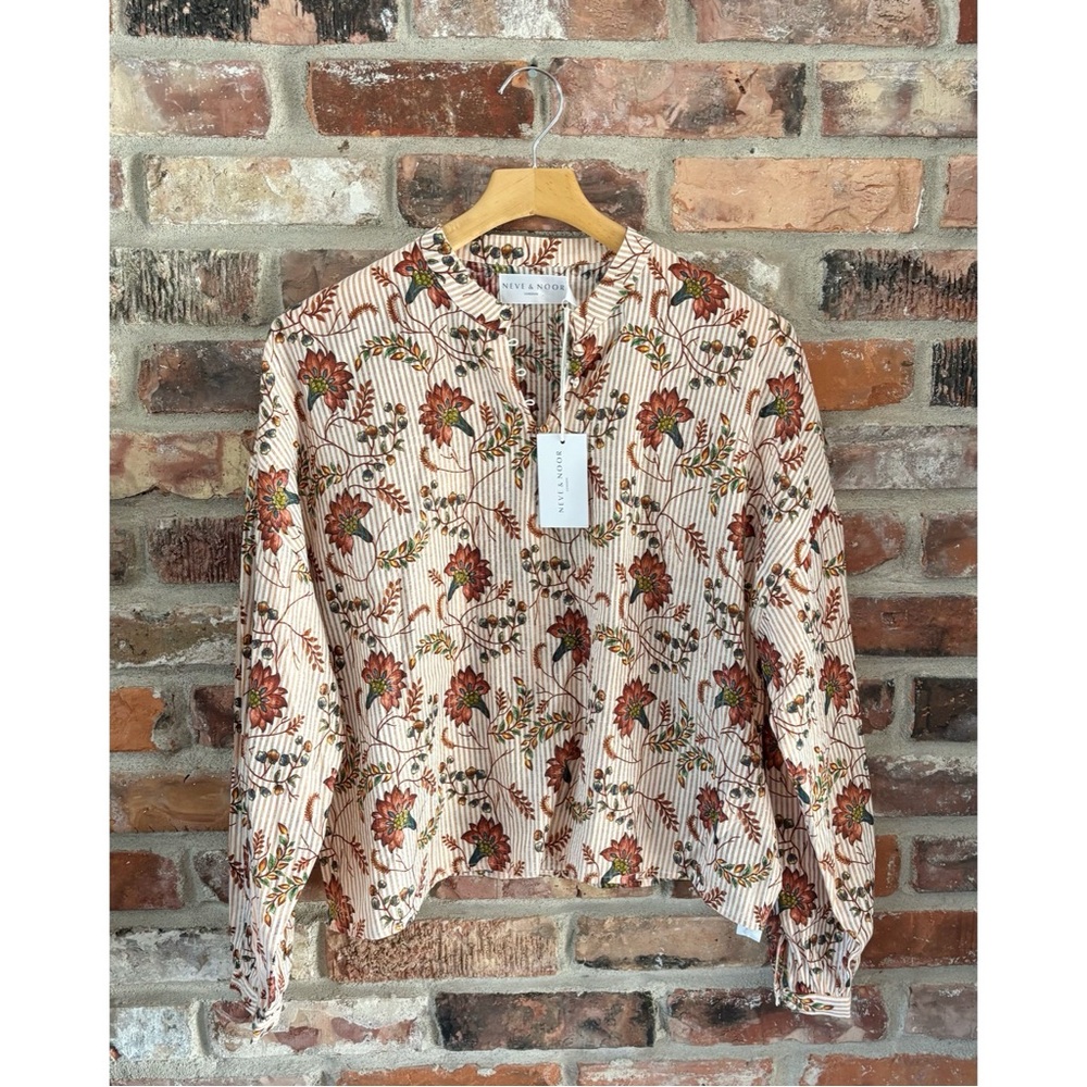 Neve & Noor Orange Stripe Floral Cotton Posey Long Sleeve Blouse Top NWT, XL